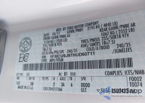 2017 Ford Escape Titanium из США, поврежденный, VIN 1FMCU9J97HUD60711